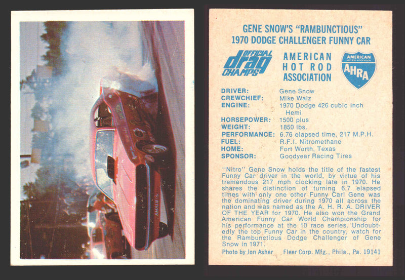 AHRA Official Drag Champs 1971 Fleer Vintage Trading Cards You Pick Singles #1-6 15 Gene Snow's "Rambunctious" 1970 Dodge Challenger Funny Car (creased) - TvMovieCards.com