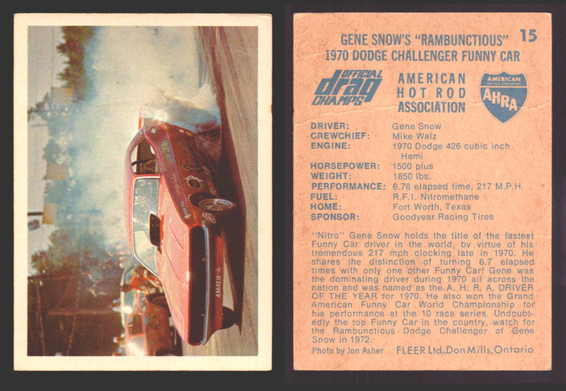 AHRA Official Drag Champs 1971 Fleer Canada Trading Cards You Pick Singles #1-63 15   Gene Snow's "Rambunctious"                       1970 Dodge Challenger Funny Car (creased)  - TvMovieCards.com