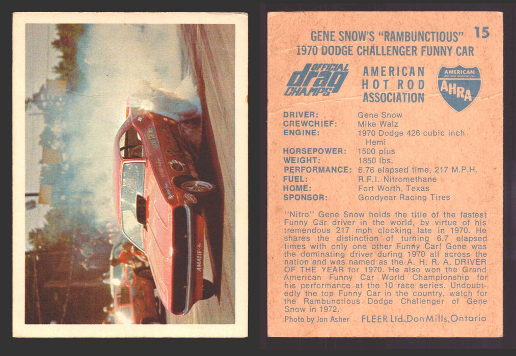 AHRA Official Drag Champs 1971 Fleer Canada Trading Cards You Pick Singles #1-63 15   Gene Snow's "Rambunctious"                       1970 Dodge Challenger Funny Car (creased)  - TvMovieCards.com