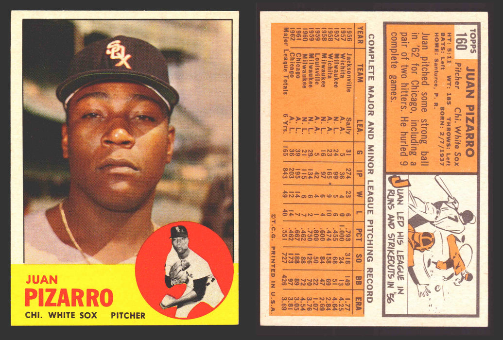 1963 Topps Baseball Trading Card You Pick Singles #100-#199 VG/EX #	160 Juan Pizarro - Chicago White Sox  - TvMovieCards.com
