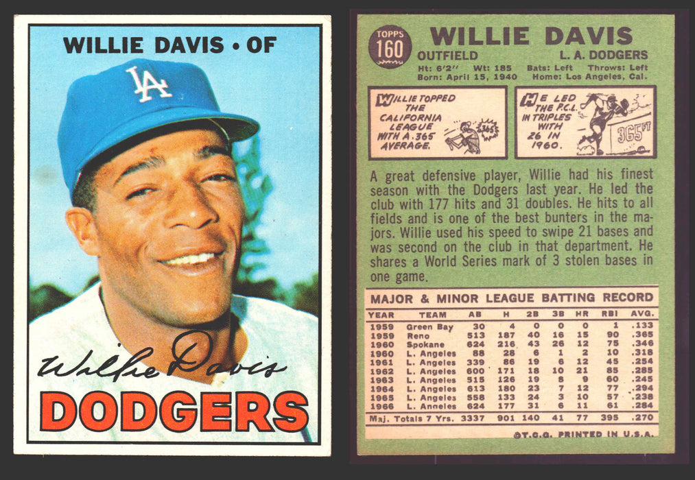 1967 Topps Baseball Trading Card You Pick Singles #100-#199 VG/EX #	160 Willie Davis - Los Angeles Dodgers  - TvMovieCards.com