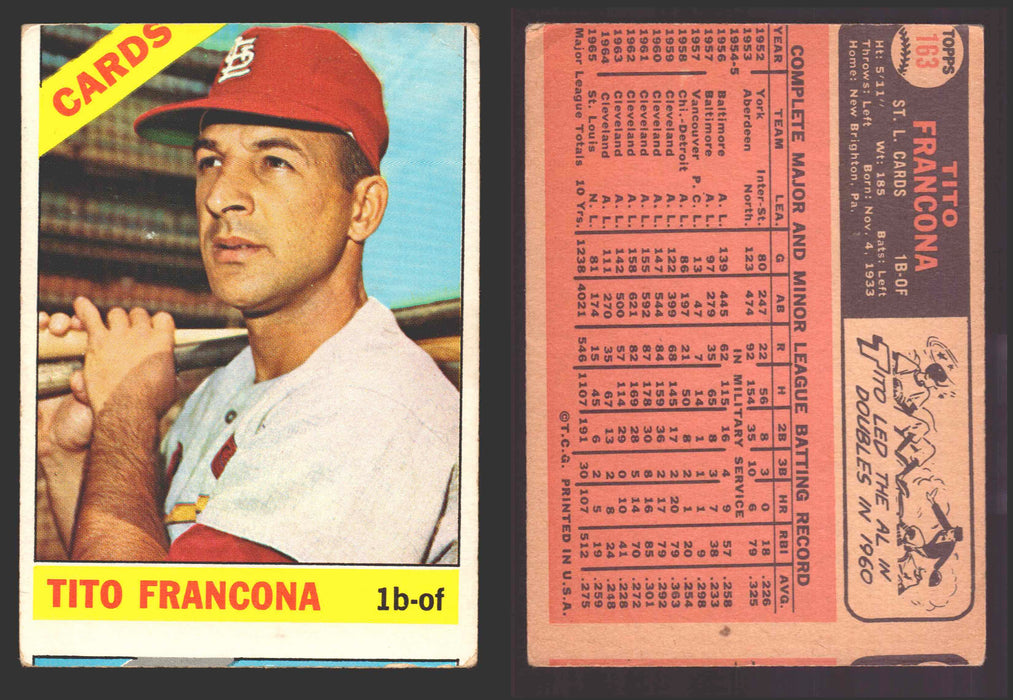 1966 Topps Baseball Trading Card You Pick Singles #100-#399 VG/EX #	163 Tito Francona - St. Louis Cardinals  - TvMovieCards.com