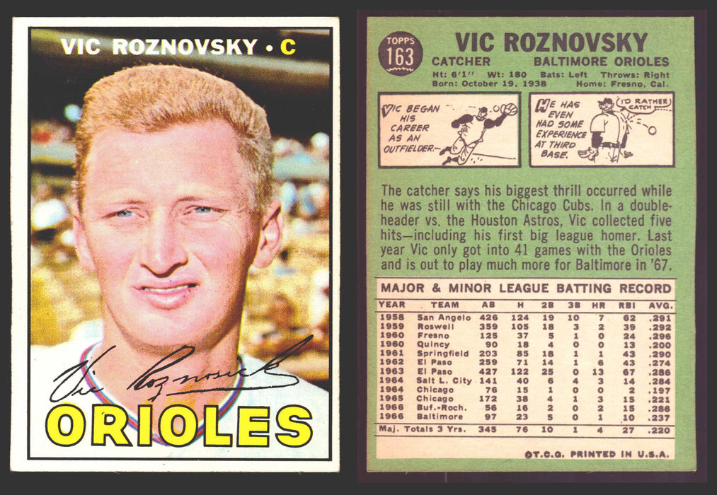 1967 Topps Baseball Trading Card You Pick Singles #100-#199 VG/EX #	163 Vic Roznovsky - Baltimore Orioles  - TvMovieCards.com