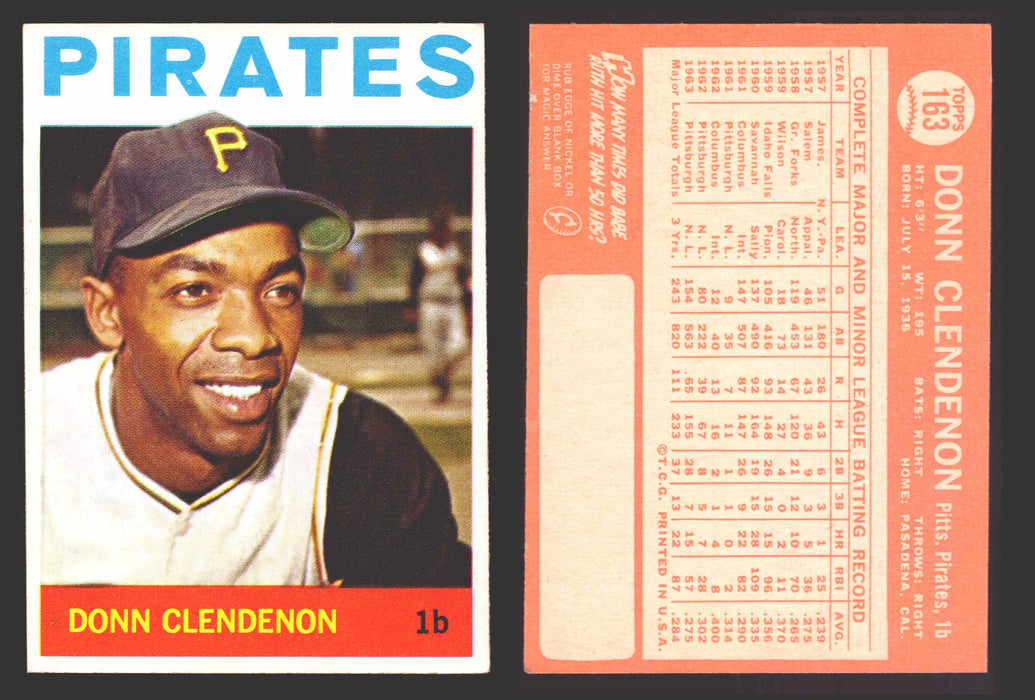 1964 Topps Baseball Trading Card You Pick Singles #100-#199 VG/EX #	163 Donn Clendenon - Pittsburgh Pirates  - TvMovieCards.com
