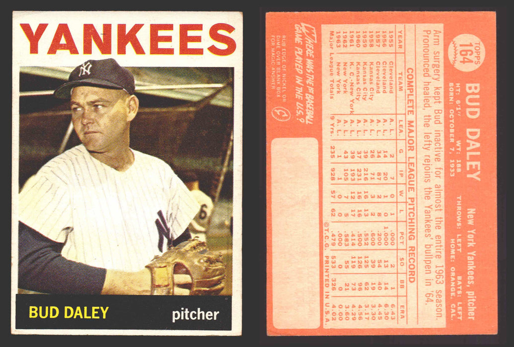 1964 Topps Baseball Trading Card You Pick Singles #100-#199 VG/EX #	164 Bud Daley - New York Yankees  - TvMovieCards.com