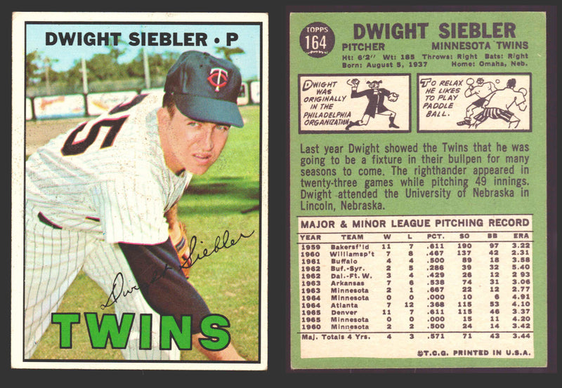 1967 Topps Baseball Trading Card You Pick Singles #100-#199 VG/EX #	164 Dwight Siebler - Minnesota Twins  - TvMovieCards.com