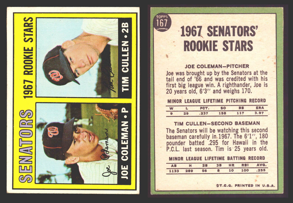1967 Topps Baseball Trading Card You Pick Singles #100-#199 VG/EX #	167 Senators Rookies - Joe Coleman / Tim Cullen RC  - TvMovieCards.com