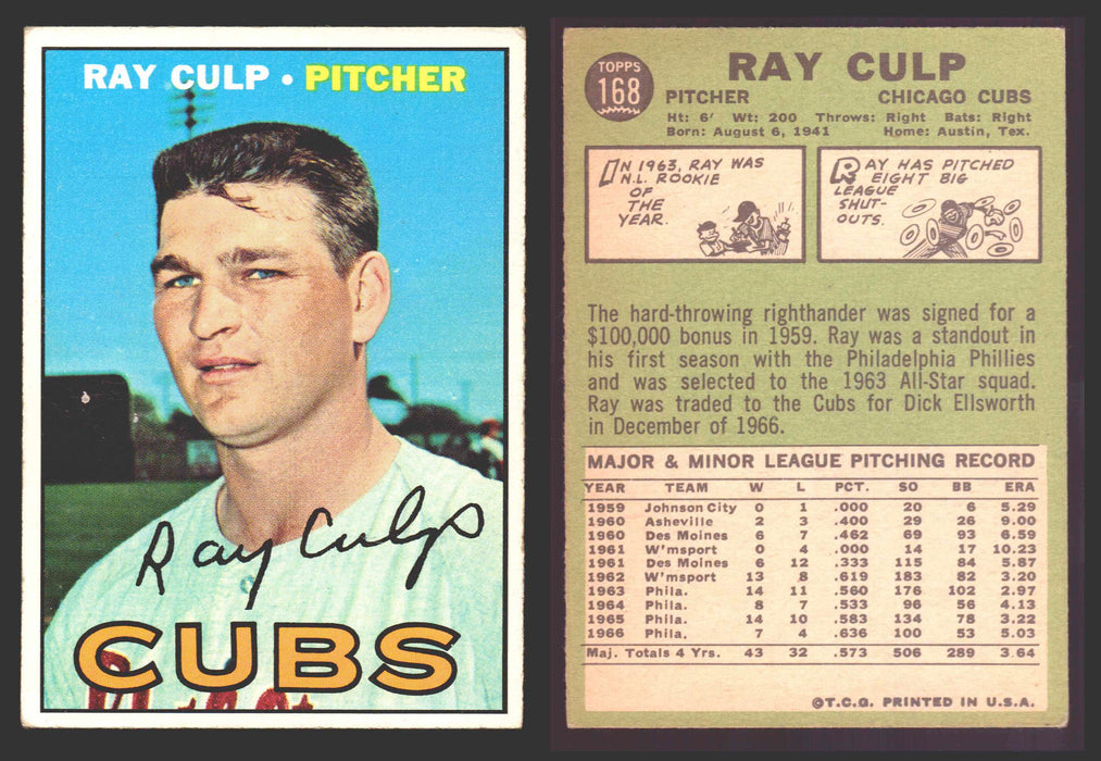 1967 Topps Baseball Trading Card You Pick Singles #100-#199 VG/EX #	168 Ray Culp - Chicago Cubs  - TvMovieCards.com