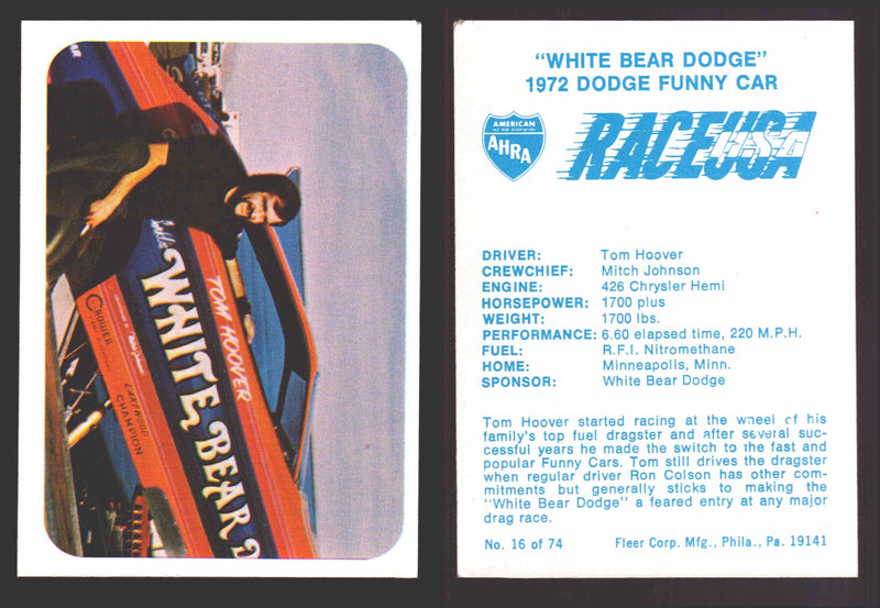 Race USA AHRA Drag Champs 1973 Fleer Vintage Trading Cards You Pick Singles 16 of 74   White Bear Dodge"  - TvMovieCards.com
