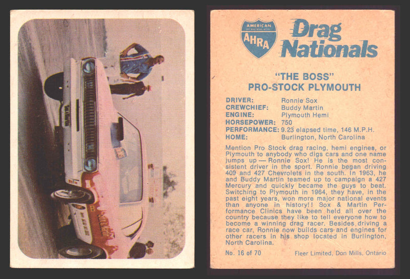 AHRA Drag Nationals 1971 Fleer Canada Trading Cards You Pick Singles #1-70 16 of 70   "The Boss"                      Pro-Stock Plymouth  - TvMovieCards.com