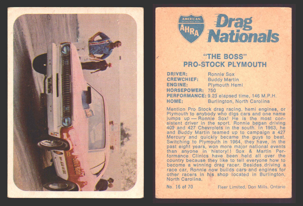 AHRA Drag Nationals 1971 Fleer Canada Trading Cards You Pick Singles #1-70 16 of 70   "The Boss"                      Pro-Stock Plymouth  - TvMovieCards.com