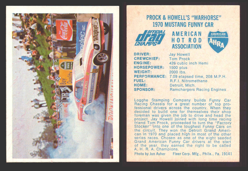 AHRA Official Drag Champs 1971 Fleer Vintage Trading Cards You Pick Singles #1-6 16 Jay Howell's "Warhorse" 1970 Mustang Funny Car - TvMovieCards.com