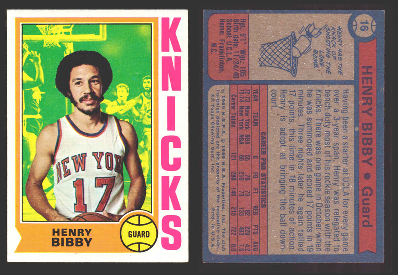 1974-75 Topps Basketball Trading Card You Pick Singles #1-#99 VG/EX #	16 Henry Bibby - New York Knicks  - TvMovieCards.com