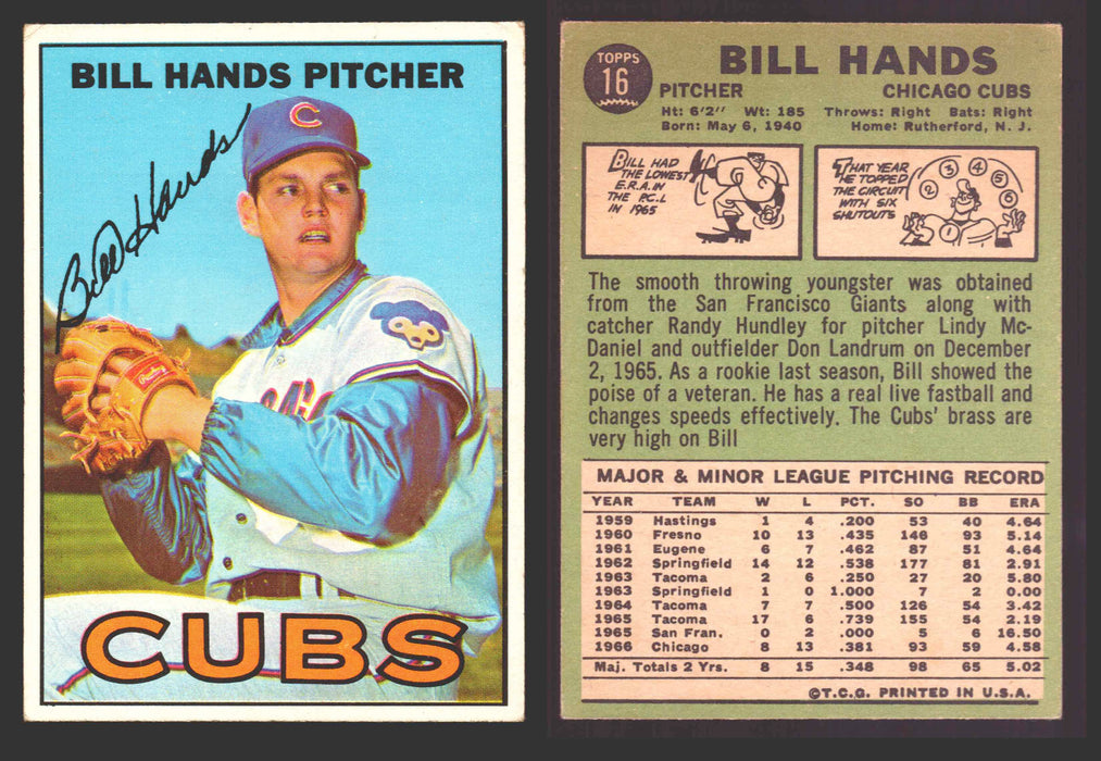 1967 Topps Baseball Trading Card You Pick Singles #1-#99 VG/EX #	16 Bill Hands - Chicago Cubs  - TvMovieCards.com
