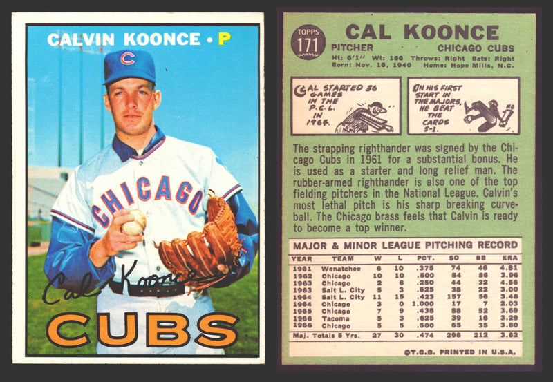 1967 Topps Baseball Trading Card You Pick Singles #100-#199 VG/EX #	171 Cal Koonce - Chicago Cubs  - TvMovieCards.com