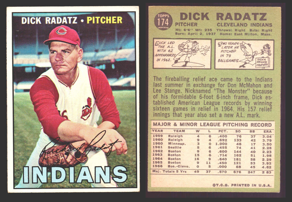 1967 Topps Baseball Trading Card You Pick Singles #100-#199 VG/EX #	174 Dick Radatz - Cleveland Indians  - TvMovieCards.com