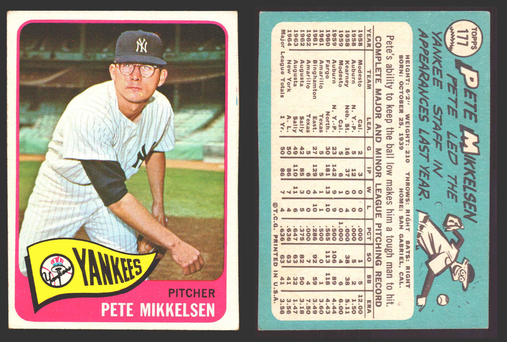 1965 Topps Baseball Trading Card You Pick Singles #100-#199 VG/EX #	177 Pete Mikkelsen - New York Yankees  - TvMovieCards.com