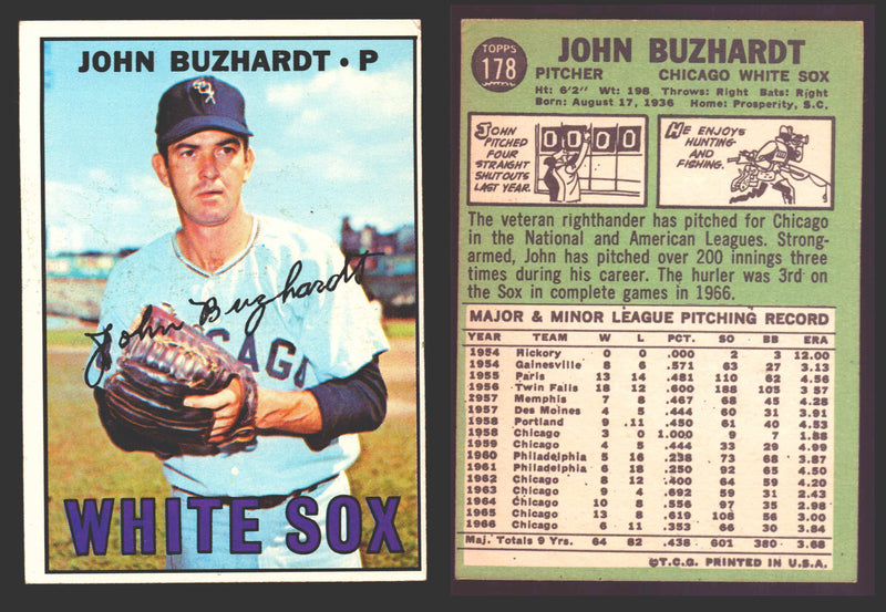 1967 Topps Baseball Trading Card You Pick Singles #100-#199 VG/EX #	178 John Buzhardt - Chicago White Sox  - TvMovieCards.com