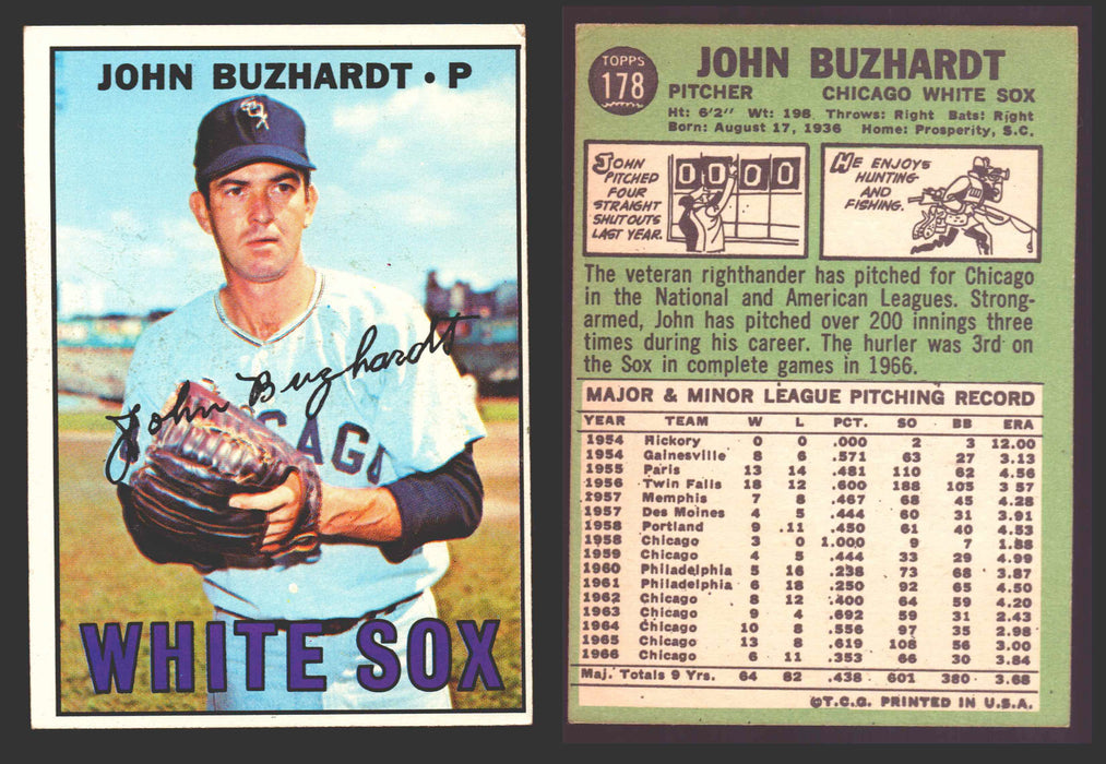 1967 Topps Baseball Trading Card You Pick Singles #100-#199 VG/EX #	178 John Buzhardt - Chicago White Sox  - TvMovieCards.com