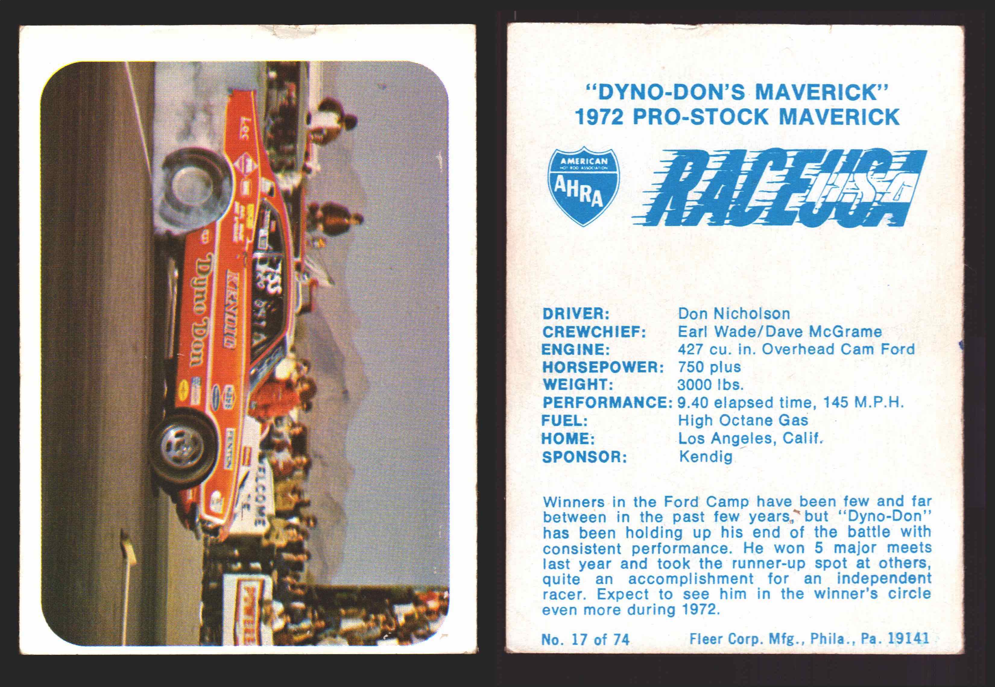 Race USA AHRA Drag Champs 1973 Fleer Vintage Trading Cards You