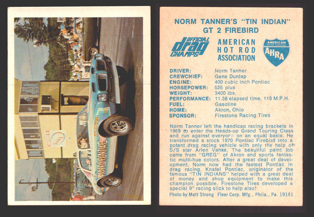 AHRA Official Drag Champs 1971 Fleer Vintage Trading Cards You Pick Singles #1-63 17   Norm Tanner's "Tin Indian"                       GT-2 Firebird  - TvMovieCards.com