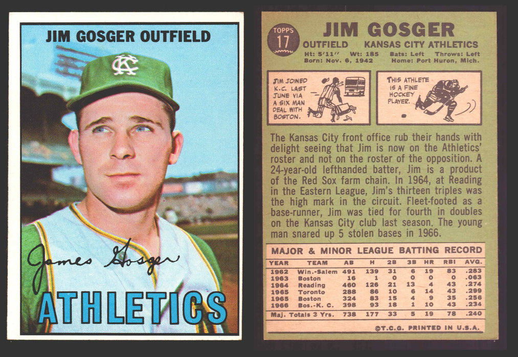 1967 Topps Baseball Trading Card You Pick Singles #1-#99 VG/EX #	17 Jim Gosger - Kansas City Athletics  - TvMovieCards.com