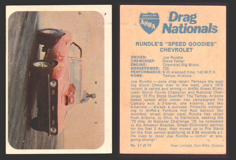 AHRA Drag Nationals 1971 Fleer Canada Trading Cards You Pick Singles #1-70 17 of 70   Rundle's "Speed Goodies"        Chevrolet (pin hole)  - TvMovieCards.com