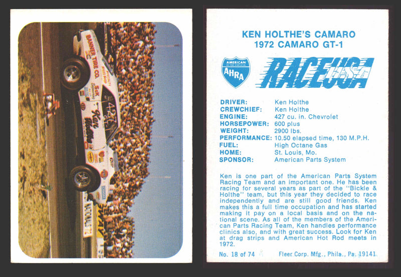 Race USA AHRA Drag Champs 1973 Fleer Vintage Trading Cards You Pick Singles 18 of 74   Ken Holthe's Camaro  - TvMovieCards.com