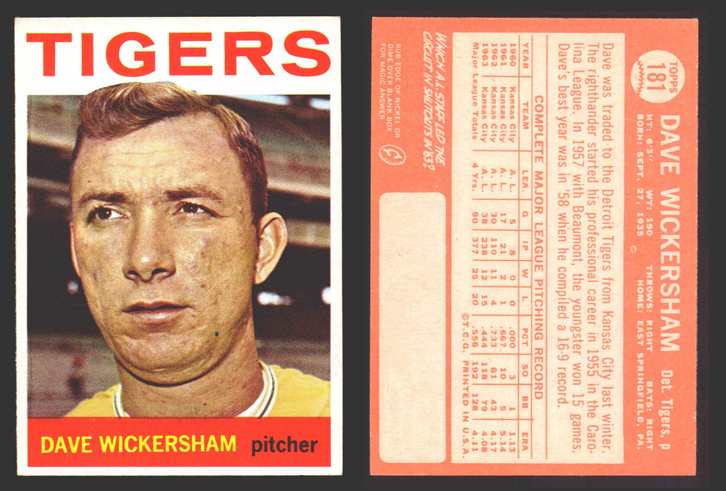 1964 Topps Baseball Trading Card You Pick Singles #100-#199 VG/EX #	181 Dave Wickersham - Detroit Tigers  - TvMovieCards.com