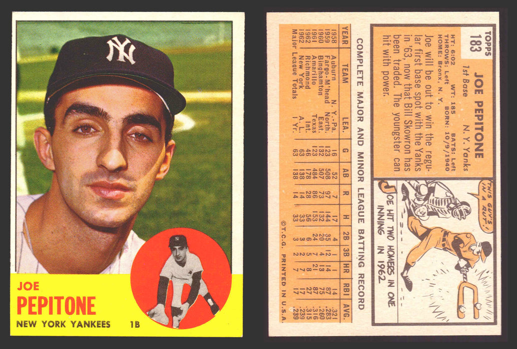 1963 Topps Baseball Trading Card You Pick Singles #100-#199 VG/EX #	183 Joe Pepitone - New York Yankees  - TvMovieCards.com