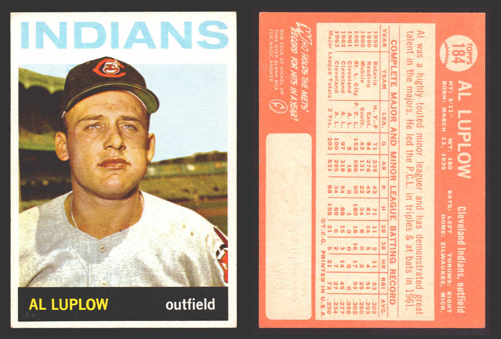 1964 Topps Baseball Trading Card You Pick Singles #100-#199 VG/EX #	184 Al Luplow - Cleveland Indians  - TvMovieCards.com