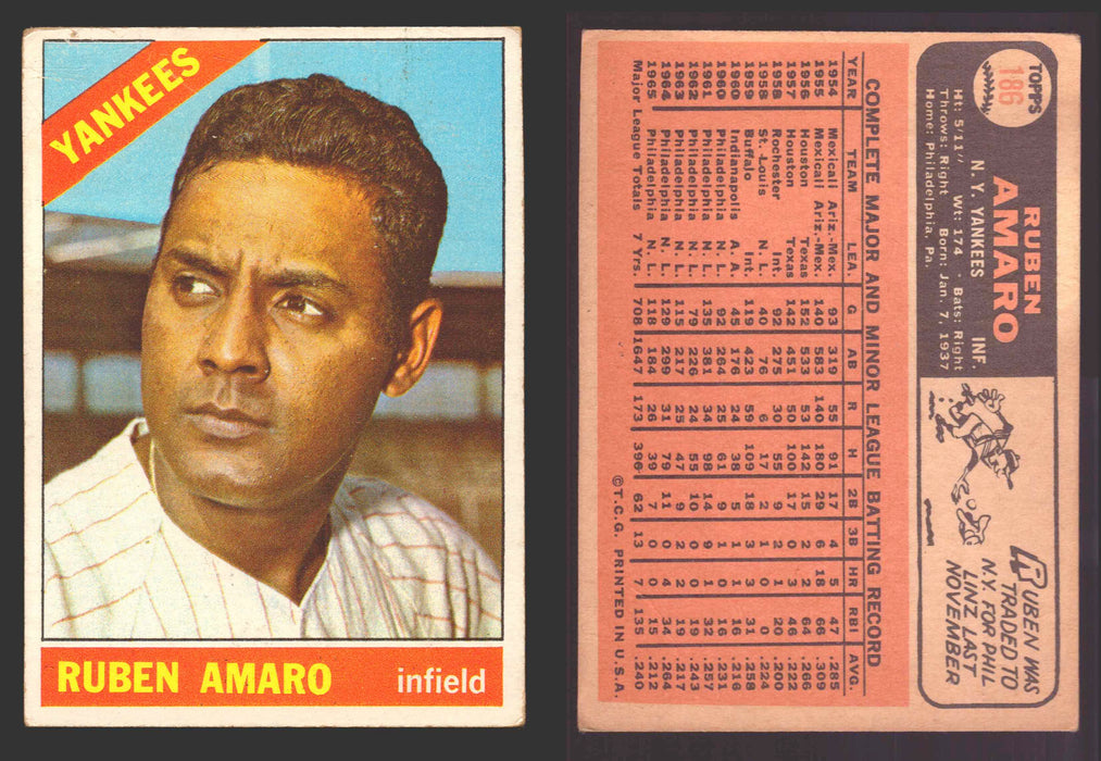 1966 Topps Baseball Trading Card You Pick Singles #100-#399 VG/EX #	186 Ruben Amaro - New York Yankees  - TvMovieCards.com