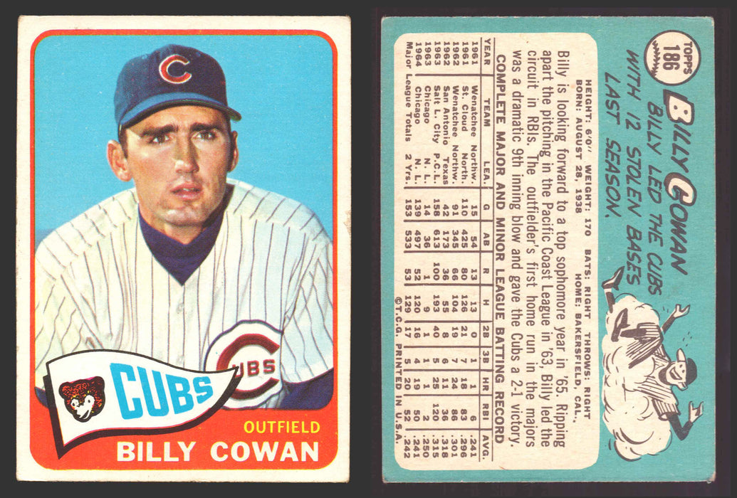 1965 Topps Baseball Trading Card You Pick Singles #100-#199 VG/EX #	186 Billy Cowan - Chicago Cubs  - TvMovieCards.com