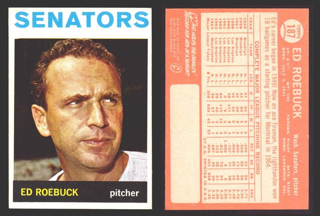 1964 Topps Baseball Trading Card You Pick Singles #100-#199 VG/EX #	187 Ed Roebuck - Washington Senators  - TvMovieCards.com