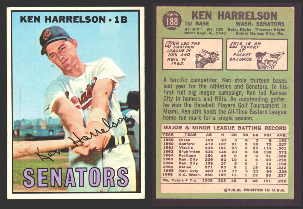 1967 Topps Baseball Trading Card You Pick Singles #100-#199 VG/EX #	188 Ken Harrelson - Washington Senators (creased)  - TvMovieCards.com