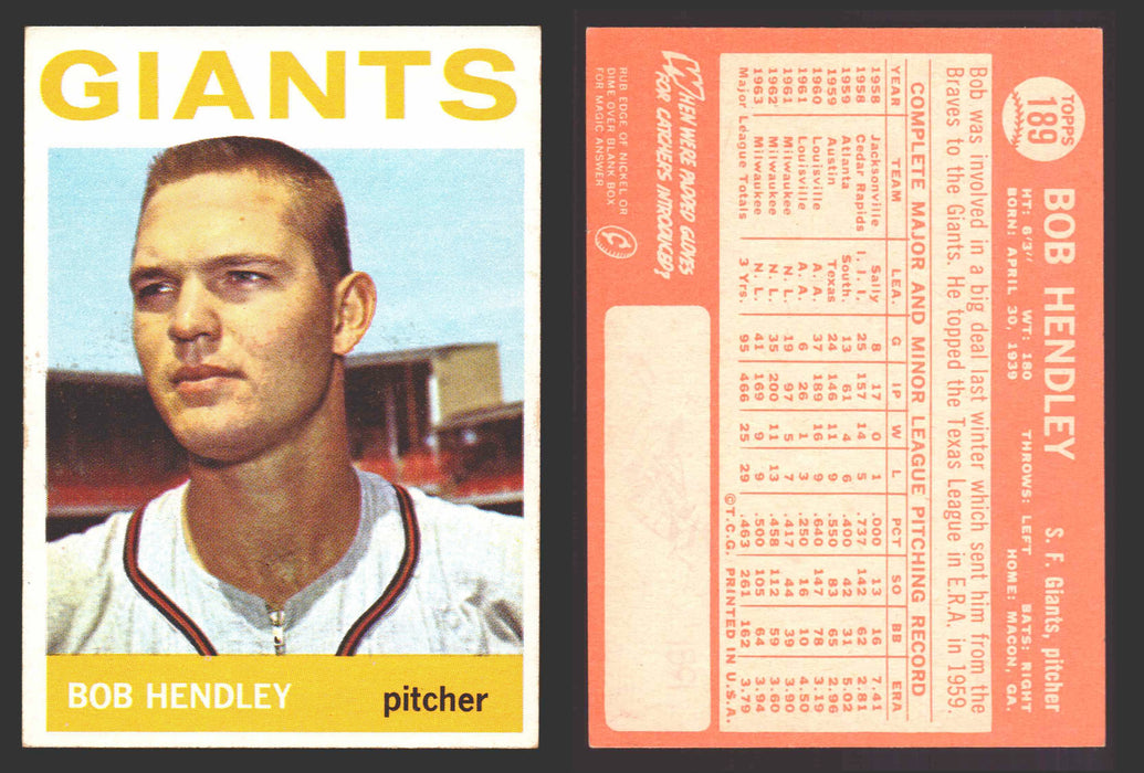 1964 Topps Baseball Trading Card You Pick Singles #100-#199 VG/EX #	189 Bob Hendley - San Francisco Giants  - TvMovieCards.com