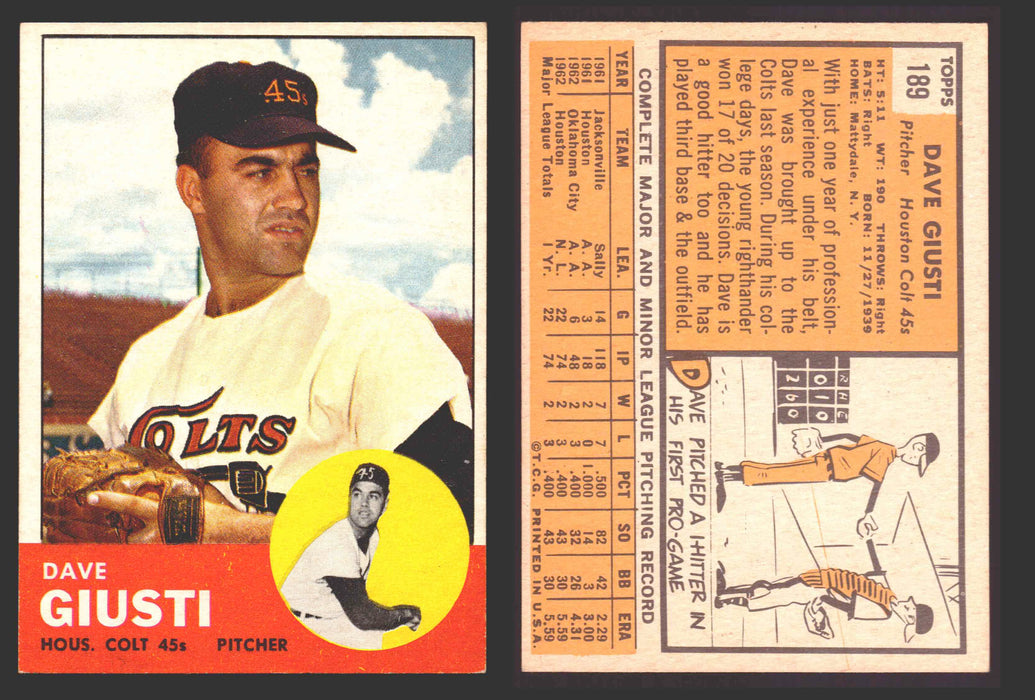 1963 Topps Baseball Trading Card You Pick Singles #100-#199 VG/EX #	189 Dave Giusti - Houston Colt .45's  - TvMovieCards.com