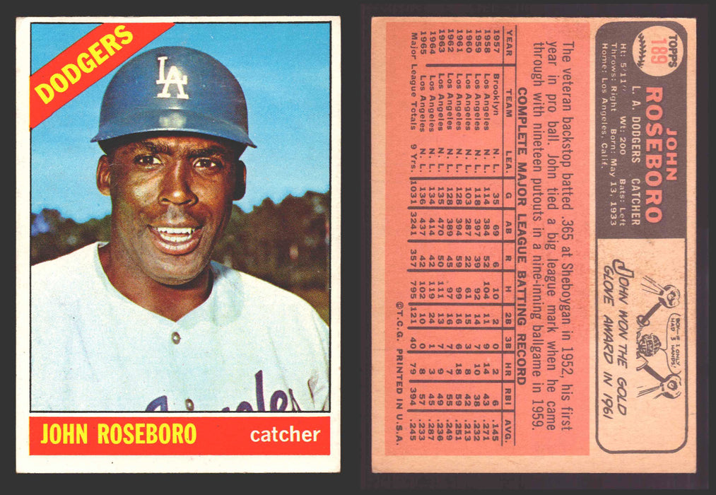 1966 Topps Baseball Trading Card You Pick Singles #100-#399 VG/EX #	189 John Roseboro - Los Angeles Dodgers  - TvMovieCards.com