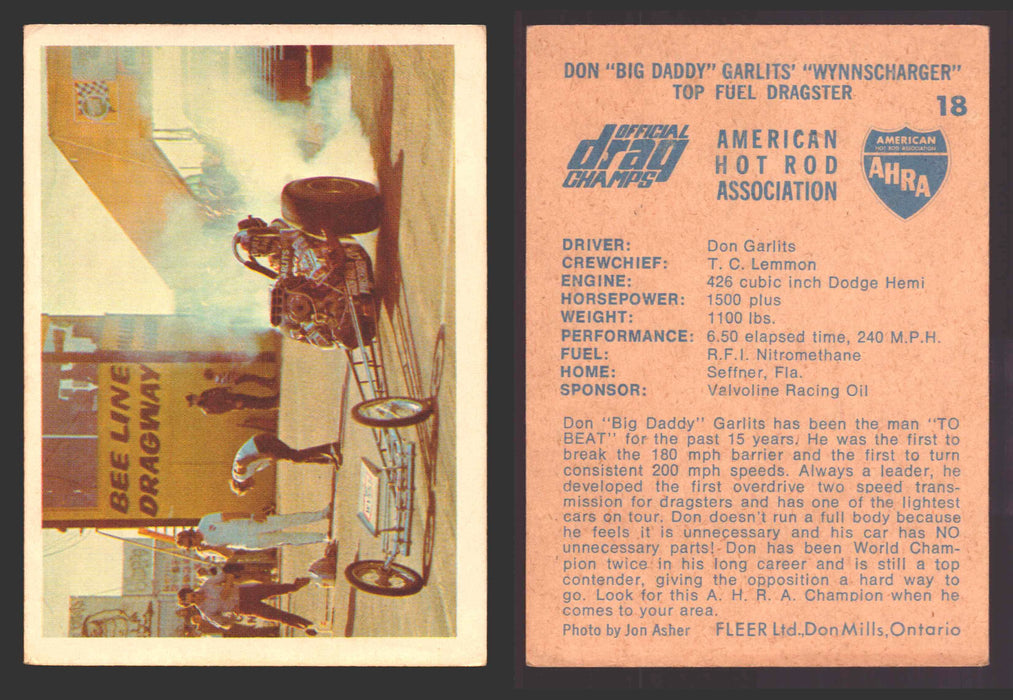 AHRA Official Drag Champs 1971 Fleer Canada Trading Cards You Pick Singles #1-63 18   Don "Big Daddy" Garlits' "Wynnscharger"          Top Fuel Dragster  - TvMovieCards.com