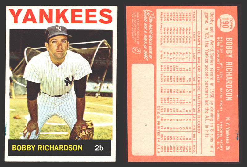 1964 Topps Baseball Trading Card You Pick Singles #100-#199 VG/EX #	190 Bobby Richardson - New York Yankees  - TvMovieCards.com