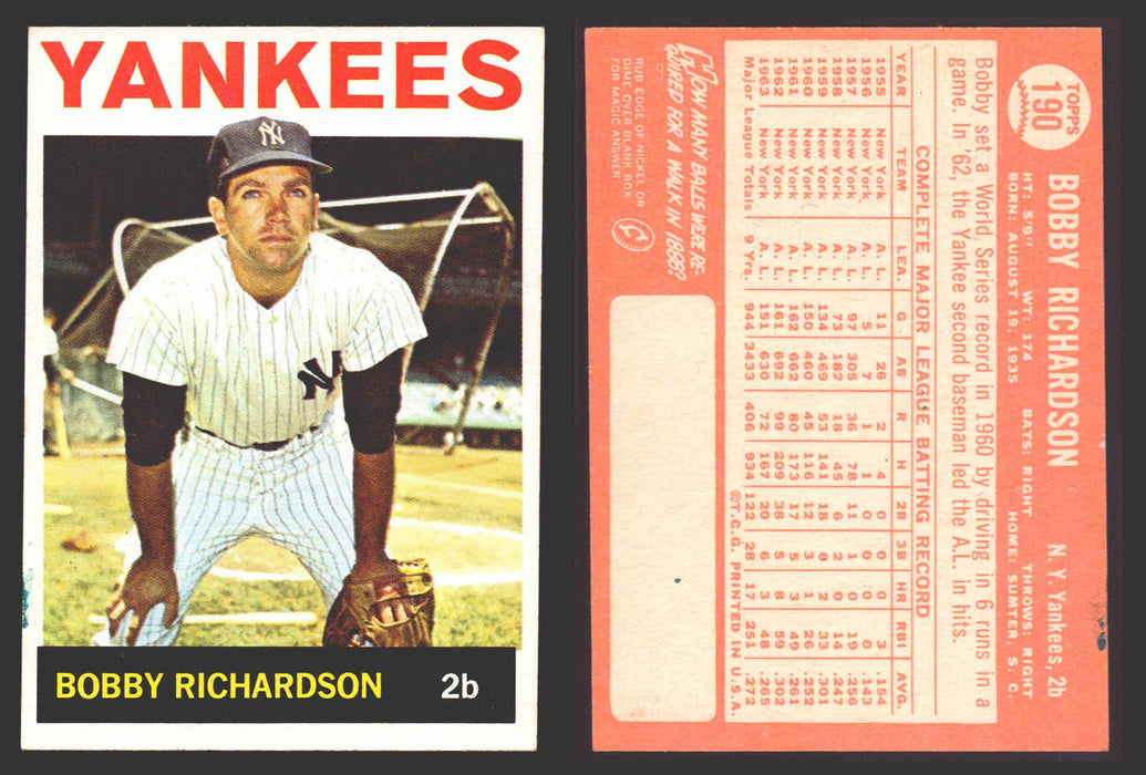 1964 Topps Baseball Trading Card You Pick Singles #100-#199 VG/EX #	190 Bobby Richardson - New York Yankees  - TvMovieCards.com