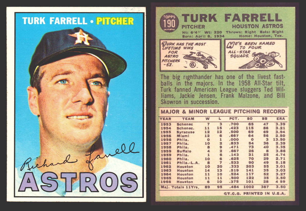 1967 Topps Baseball Trading Card You Pick Singles #100-#199 VG/EX #	190 Turk Farrell - Houston Astros  - TvMovieCards.com