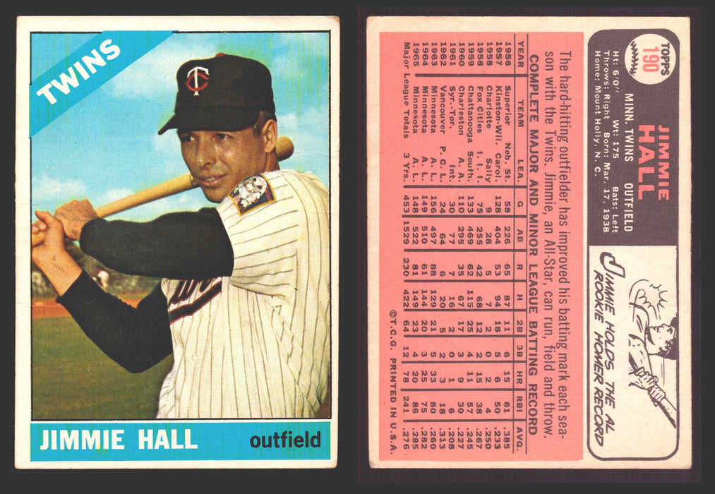 1966 Topps Baseball Trading Card You Pick Singles #100-#399 VG/EX #	190 Jimmie Hall - Minnesota Twins  - TvMovieCards.com