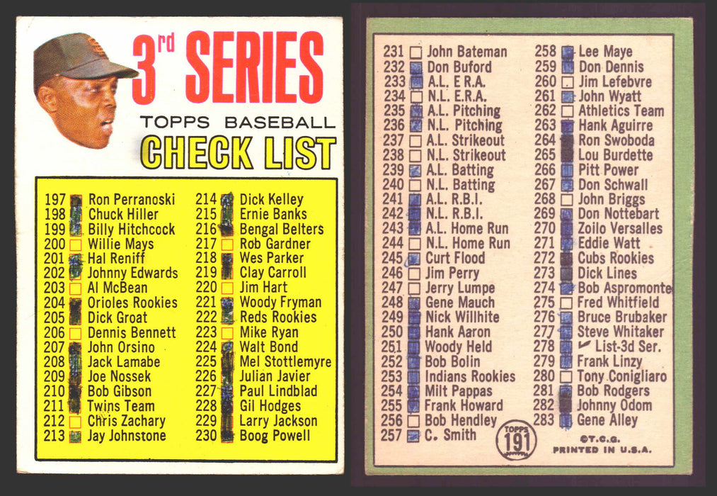 1967 Topps Baseball Trading Card You Pick Singles #100-#199 VG/EX #	191 Checklist (#197-283) Willie Mays - San Francisco Giants  - TvMovieCards.com