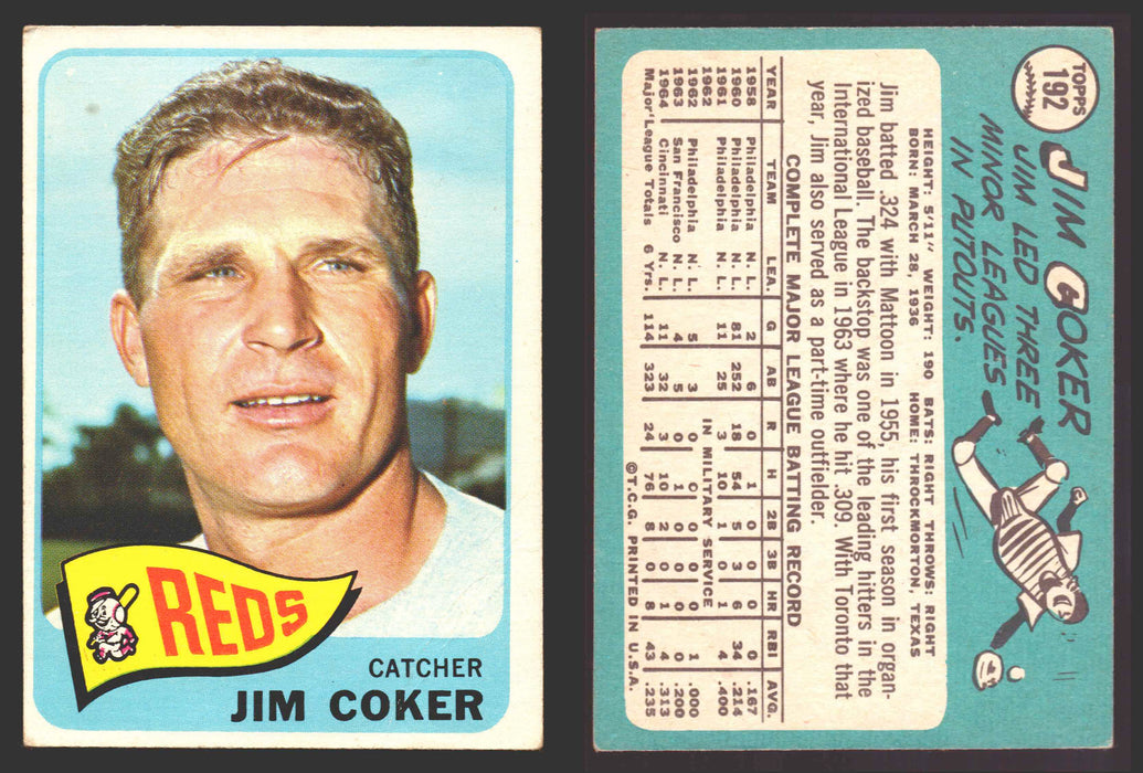 1965 Topps Baseball Trading Card You Pick Singles #100-#199 VG/EX #	192 Jimmie Coker - Cincinnati Reds  - TvMovieCards.com