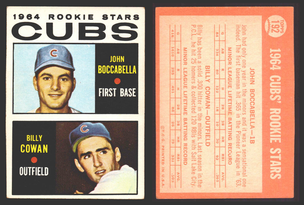 1964 Topps Baseball Trading Card You Pick Singles #100-#199 VG/EX #	192 Cubs Rookies - John Boccabella / Billy Cowan RC  - TvMovieCards.com