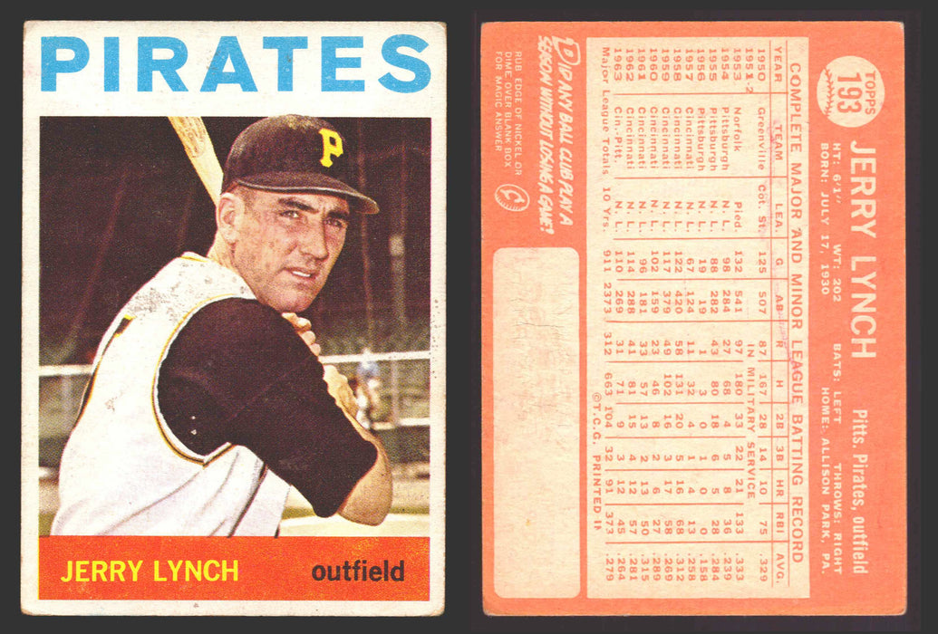 1964 Topps Baseball Trading Card You Pick Singles #100-#199 VG/EX #	193 Jerry Lynch - Pittsburgh Pirates  - TvMovieCards.com
