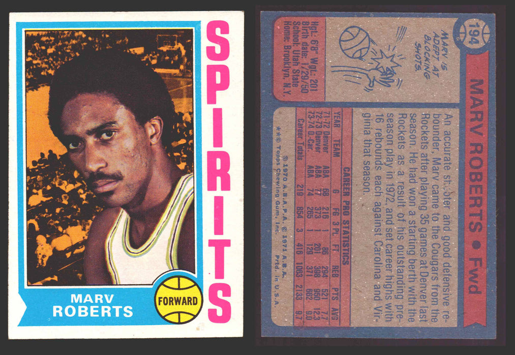 1974-75 Topps Basketball Trading Card You Pick Singles #100-#199 VG/EX #	194 Marv Roberts - Spirits of St. Louis  - TvMovieCards.com