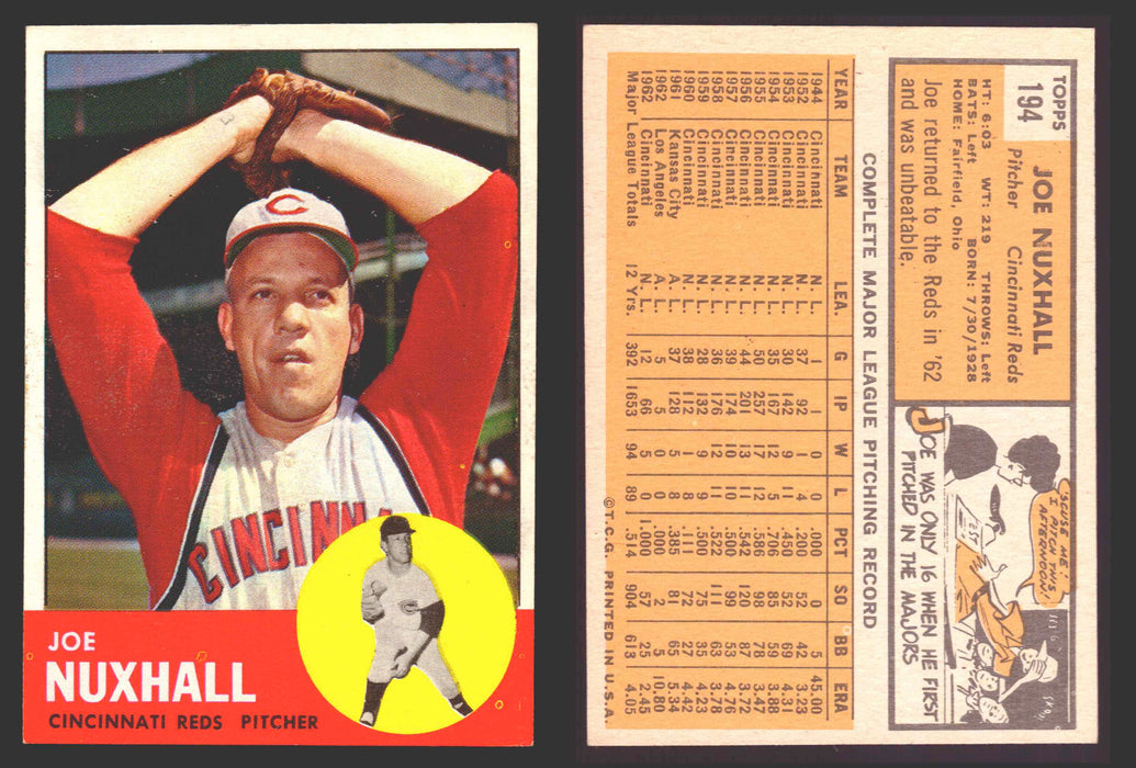 1963 Topps Baseball Trading Card You Pick Singles #100-#199 VG/EX #	194 Joe Nuxhall - Cincinnati Reds  - TvMovieCards.com