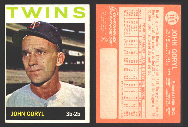 1964 Topps Baseball Trading Card You Pick Singles #100-#199 VG/EX #	194 John Goryl - Minnesota Twins  - TvMovieCards.com